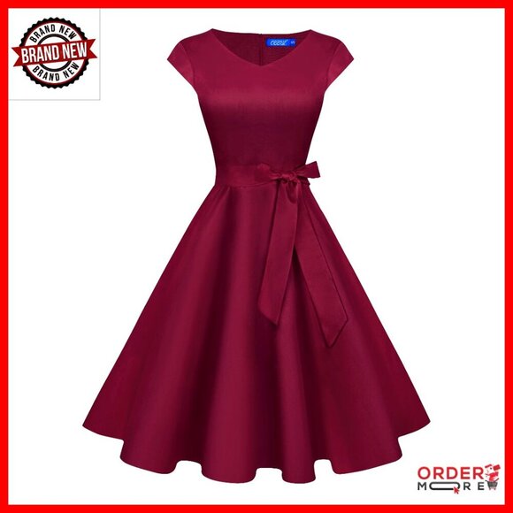 Dresses & Skirts - Vintage V-Neck Cocktail Dress with Pockets, Short Sleeves, Detachable Belt